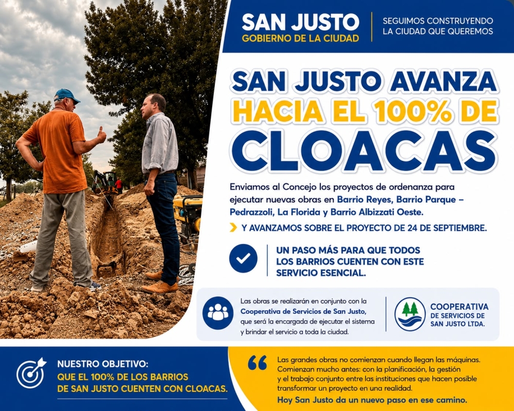 SAN JUSTO AVANZA HACÍA EL 100% DE CLOACAS.